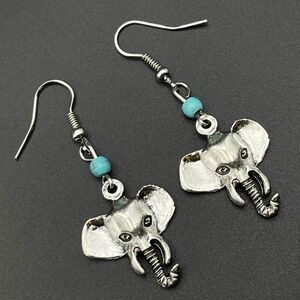 Silver Lucky Elephant and Blue Turquoise Beaded Boho Dangling Drop Hook Earrings